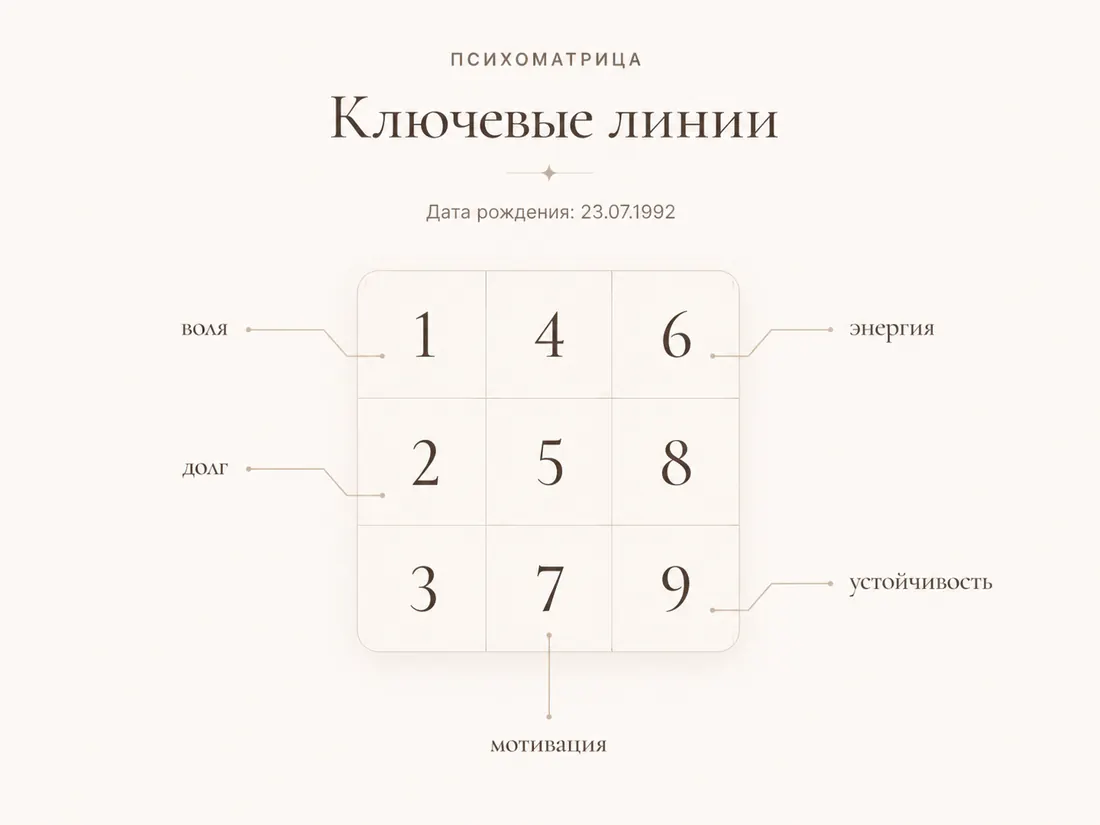 Психоматрица с ключевыми линиями: воля, энергия, долг, устойчивость и мотивация.